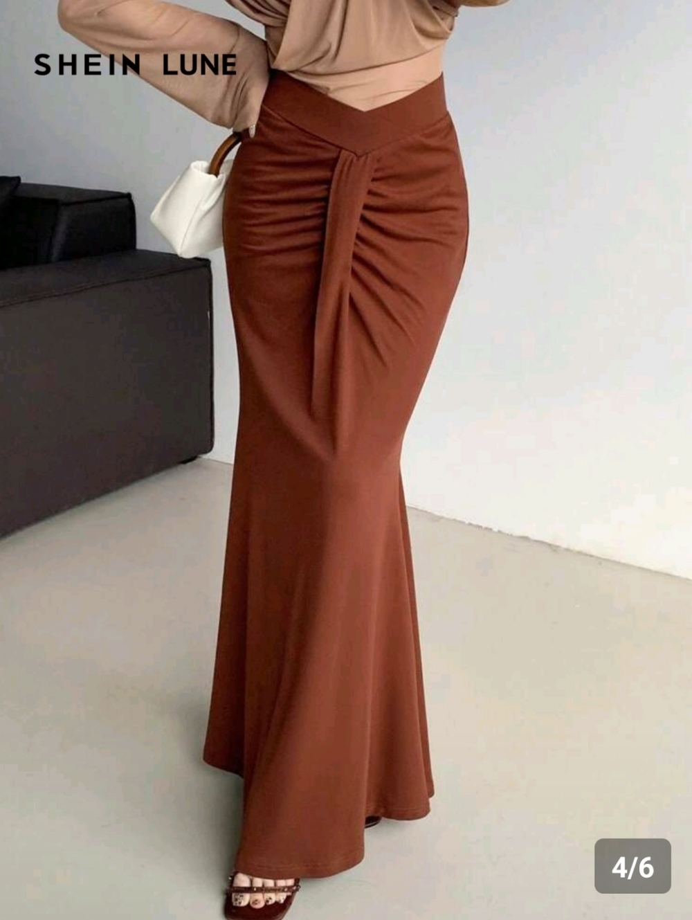 Brown High-Waist Ruched Mermaid Maxi Skirt